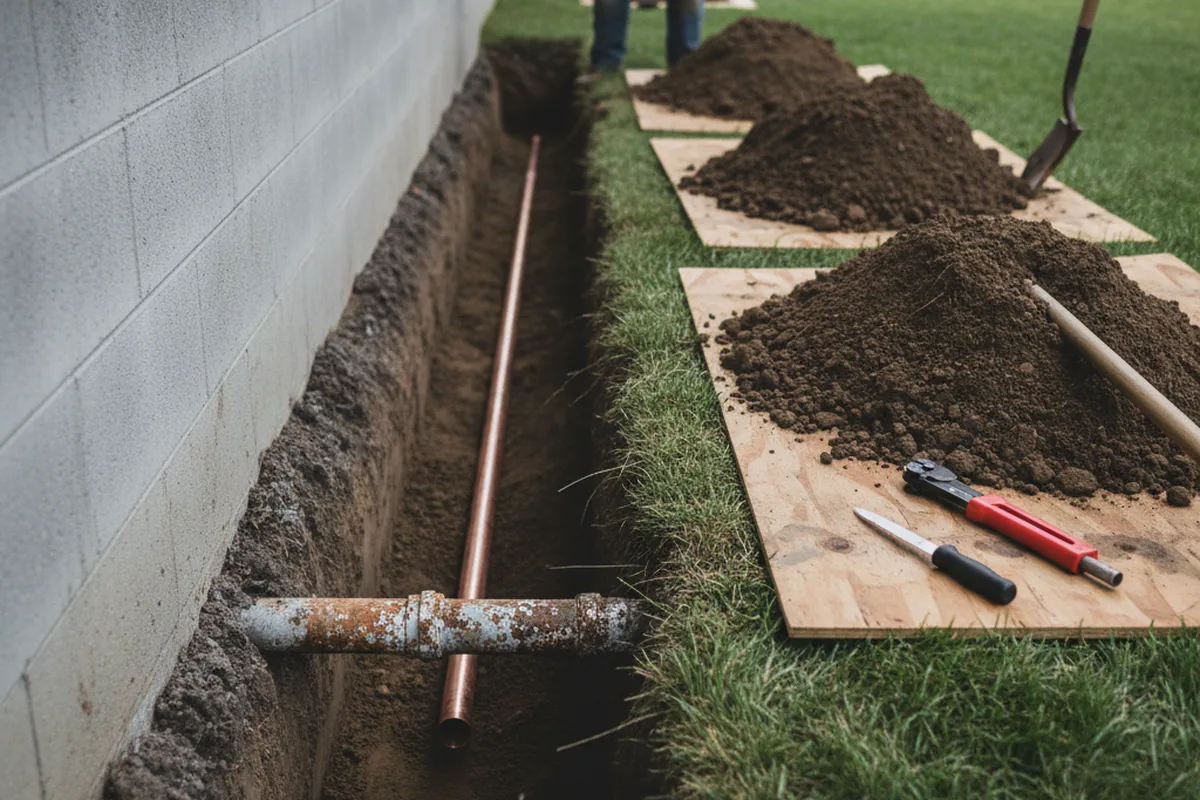 Excavated water line trench during Water Heater Repair in Campbell